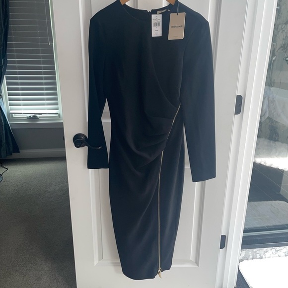 ROBERTO CAVALLI Black Longsleeve Gold Zip Slit TigerTooth Bodycon Dress Sz 46 10 - Picture 7 of 16